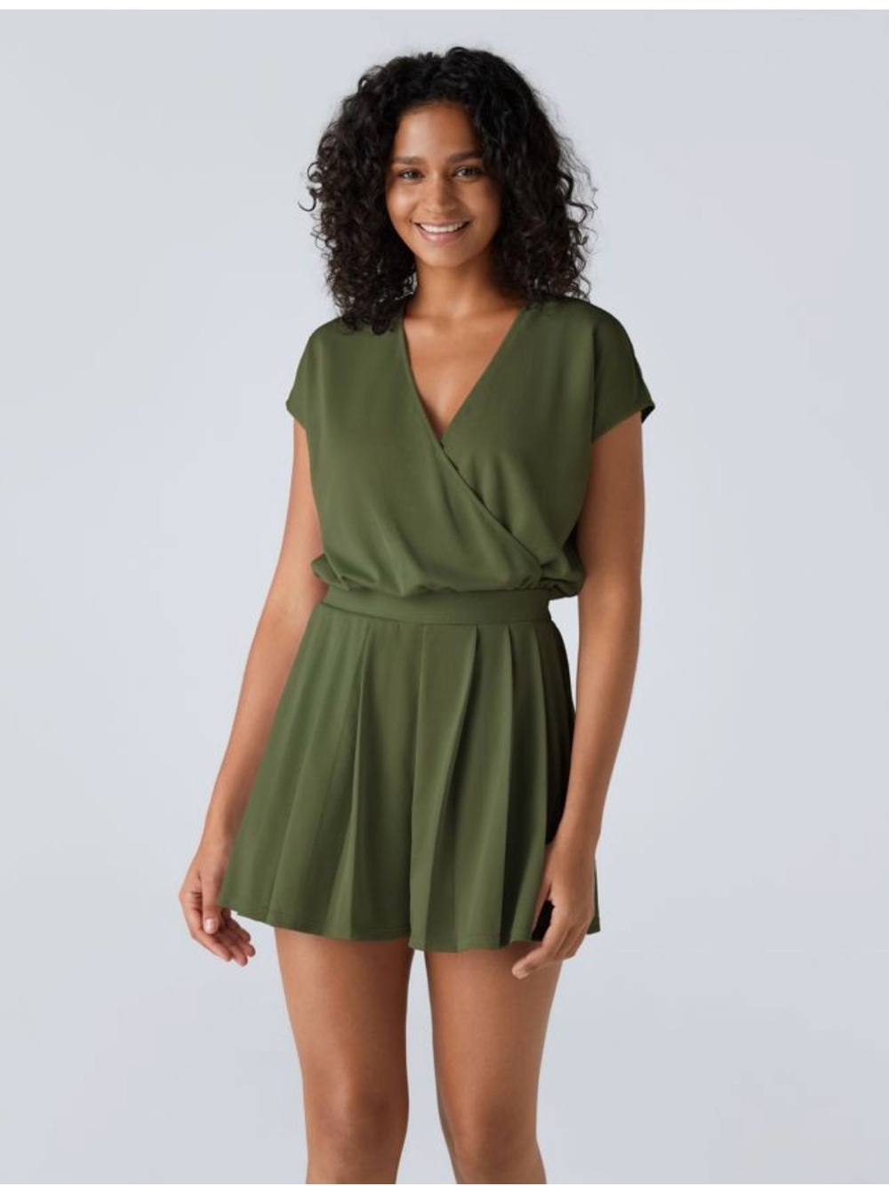 Halara V Neck Short Sleeve Pocket Waffle Casual Romper Green NEW Large L